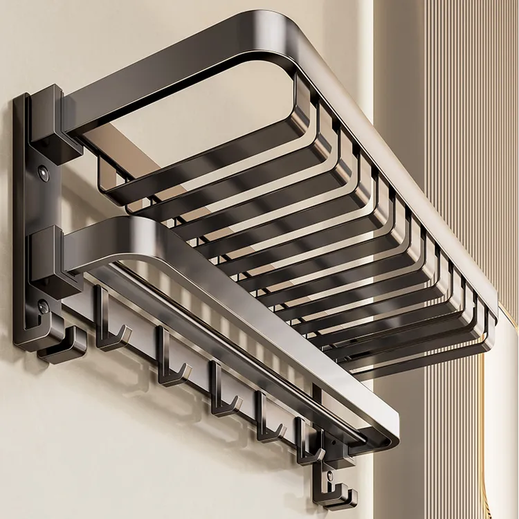 浴室毛巾架免打孔双折叠网篮浴巾架厕所卫浴五金挂件卫生间置物架