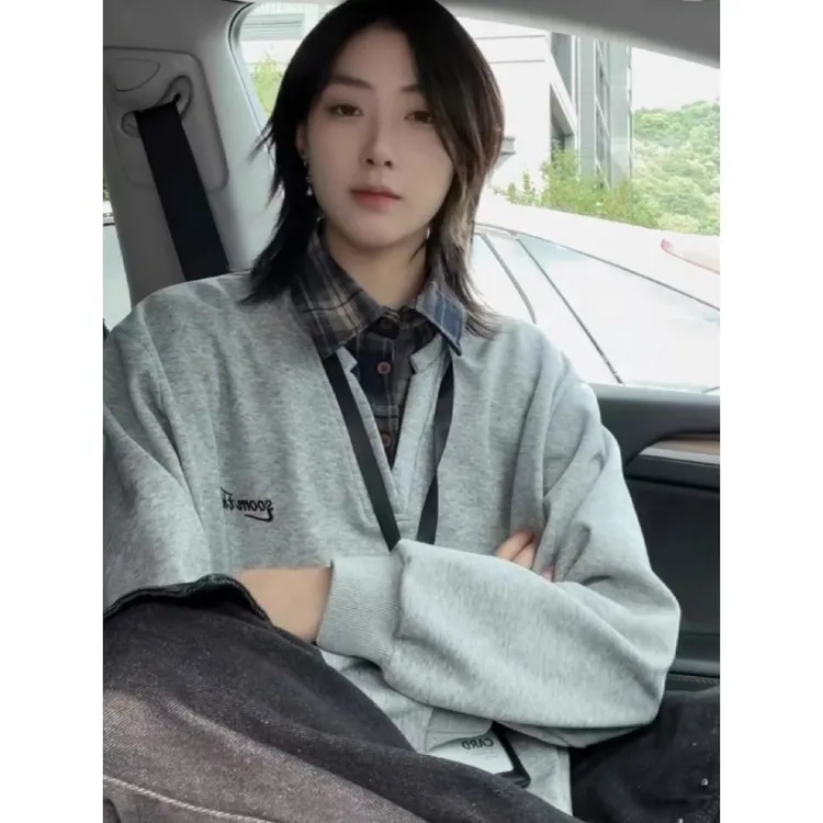 假两件拼接衬衫领卫衣男女春秋季美式复古格子上衣学院风情侣外套