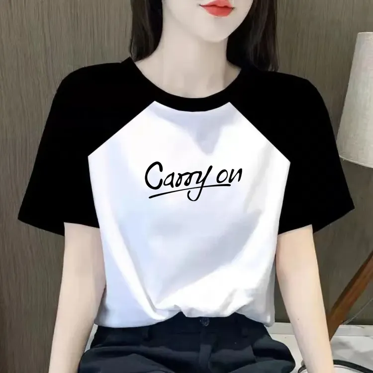 2025夏季新款微胖显瘦撞色插肩短袖T恤宽松圆领百搭女装上衣t恤