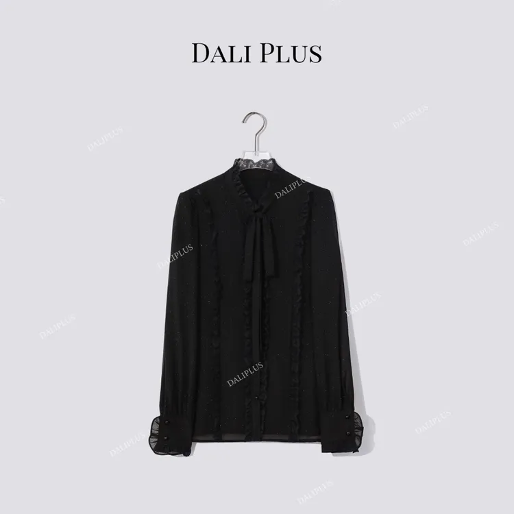 DALI PLUS“黑闪”木耳花边轻奢蝴蝶结系带长袖衬衫-D5SS7260