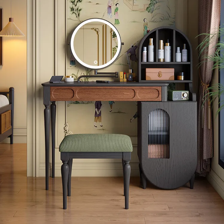 白蜡木法式中古风公主屋梳妆台小户型复古多功能置物桌伸缩化妆桌