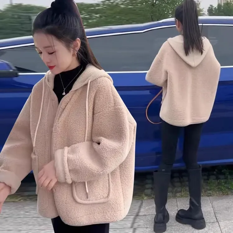 2025秋冬装新款加厚连帽毛毛一体外套女装宽松休闲保暖毛毛上衣