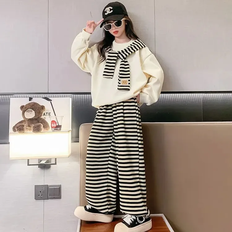 女童秋季条纹披肩卫衣套装韩版网红休闲新款阔腿裤时尚运动两件套