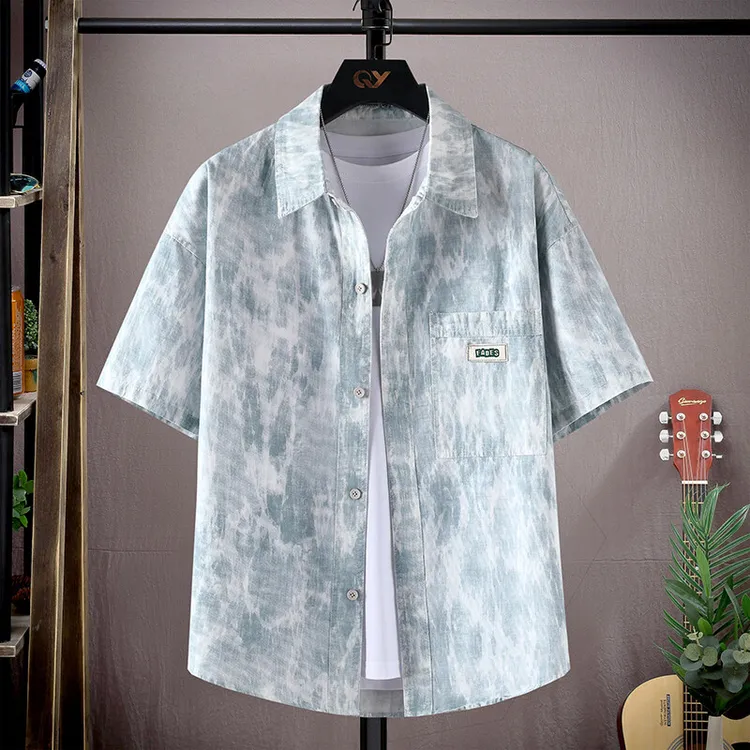 短袖夏季扎染男韩版冰丝印花衬衫衬衣男士印花薄款潮流外套