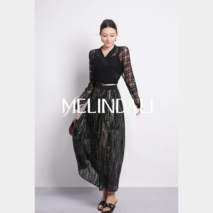Melinda Li【流星】重工闪耀珠片绣贵气感高腰百褶大摆半身裙秋新品