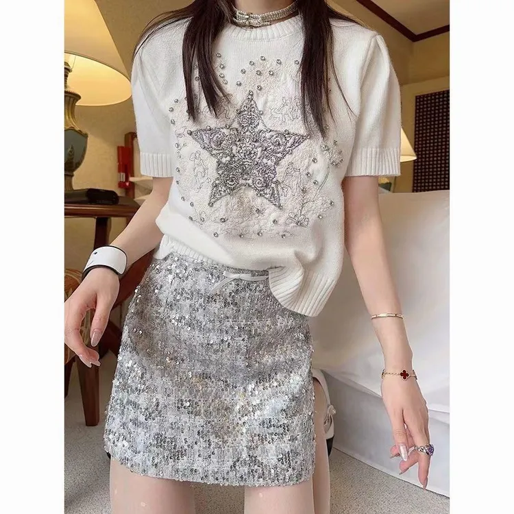 2025春夏新款上衣五角星套头针织短袖毛衣女潮圆领百搭减龄气质女