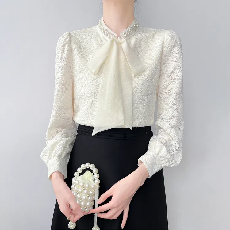 Q709高级感立领钉珠加绒衬衫女秋冬蝴蝶结飘带设计感勾花蕾丝上衣