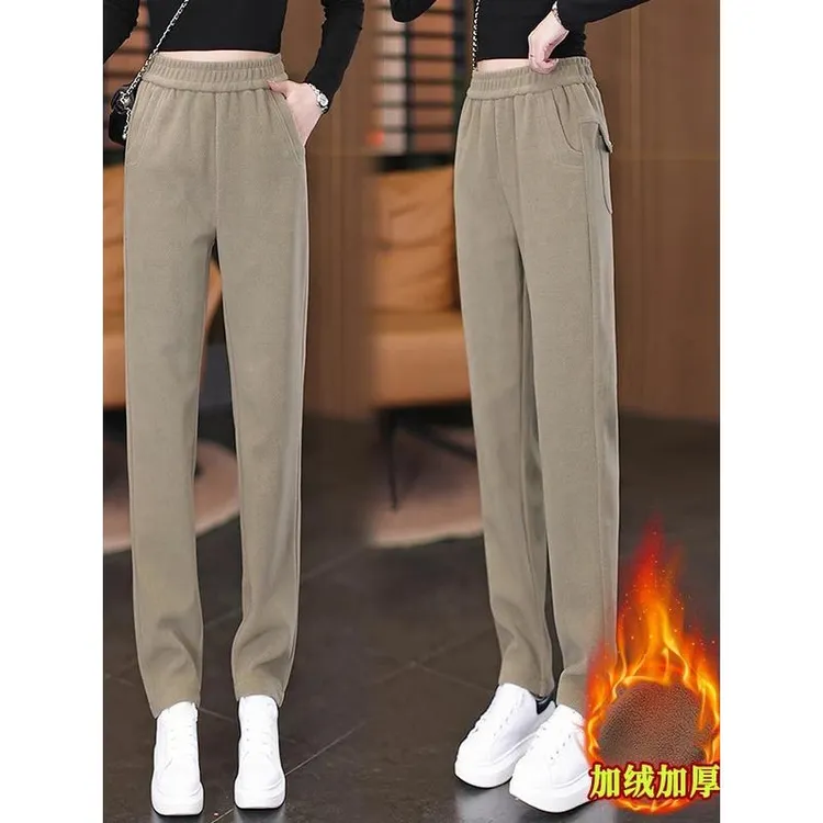加厚加绒保暖高腰秋冬季休闲裤女哈伦裤显瘦百搭松紧腰直筒裤