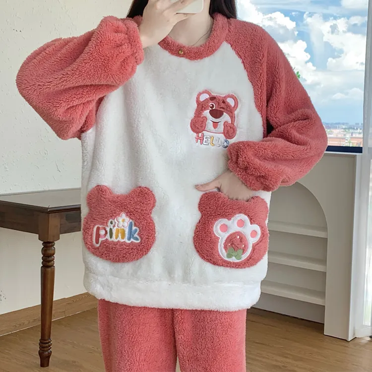 加肥大码200斤胖m睡衣女秋冬季加厚保暖珊瑚绒口袋长袖家居服套装