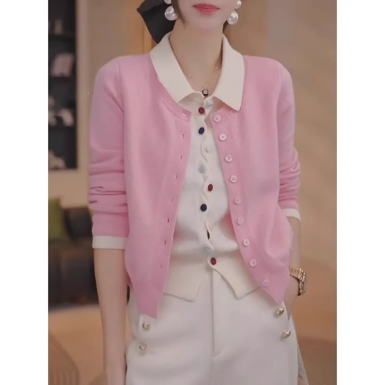 假两件彩扣翻领针织开衫女款毛衣外套2025年春季新款慵懒长袖上衣