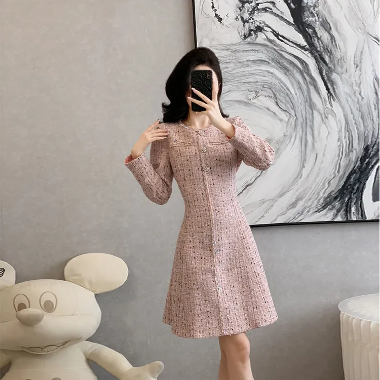 复古名媛小香风粗花呢连衣裙女秋冬季新品气质优雅收腰显瘦a字裙