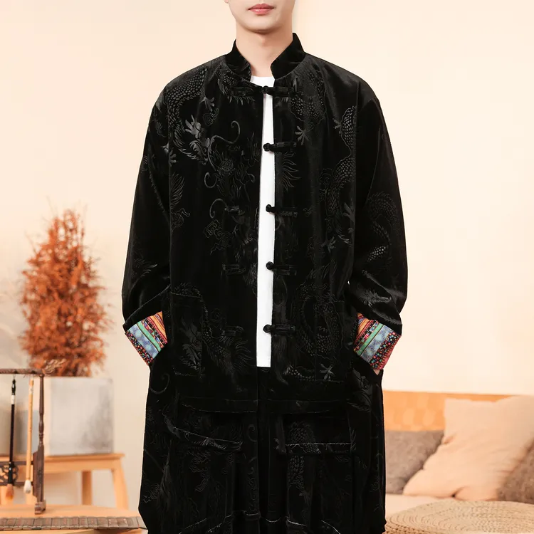 黑色金丝绒唐装外套男中国风秋冬季立领中山装大码宽松太极服上衣