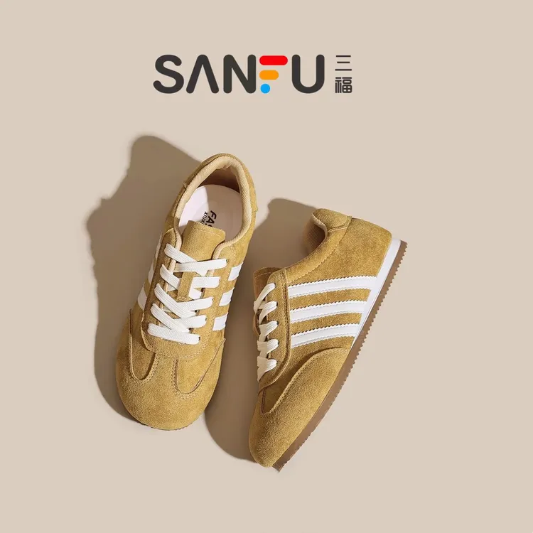 三福真皮2025新款春秋黄色复古德训鞋女超软平底阿甘鞋运动休闲鞋