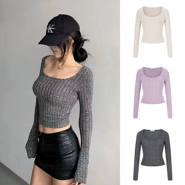 Moses Queen/魔西女王时尚设计百搭喇叭袖修身显瘦短款U领上衣女