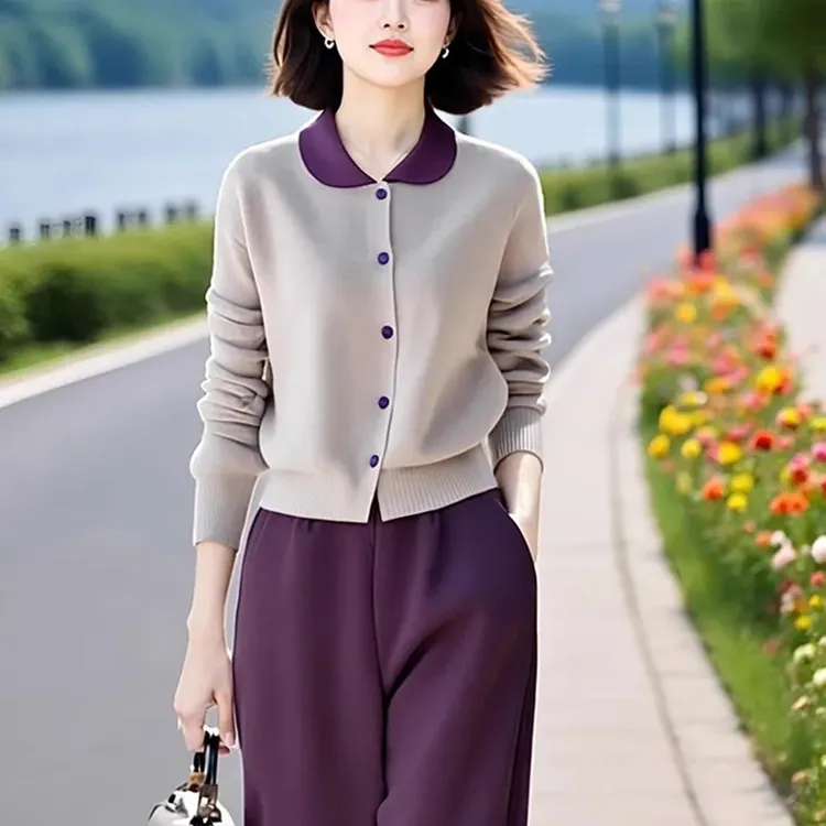 素雅订制女装原创品牌高级感撞色翻领针织衫休闲气质九分裤两件套