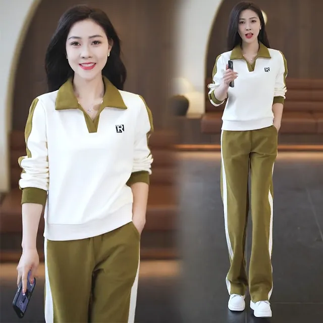 中年妈妈休闲套装女2025春秋新款显瘦洋气宽松大码翻领卫衣两件套