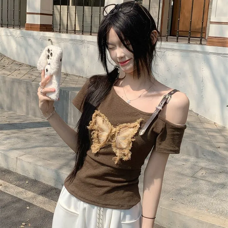 纯欲蝴蝶时尚拼接露肩设计感T恤女2025夏季新款显瘦辣妹上衣