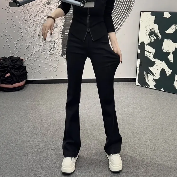 秋季新款高腰显瘦牛仔马蹄裤大码女百搭弹力修身黑色直筒微喇长裤