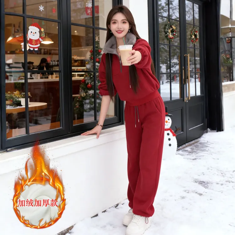 秋冬季红色套装女装小个子加绒加厚高级感时尚毛领卫衣休闲两件套