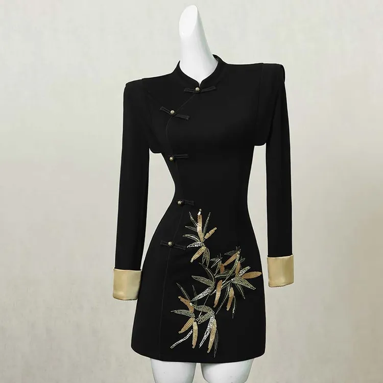 【有里布】新中式竹叶设计高级感连衣裙春秋季D3887