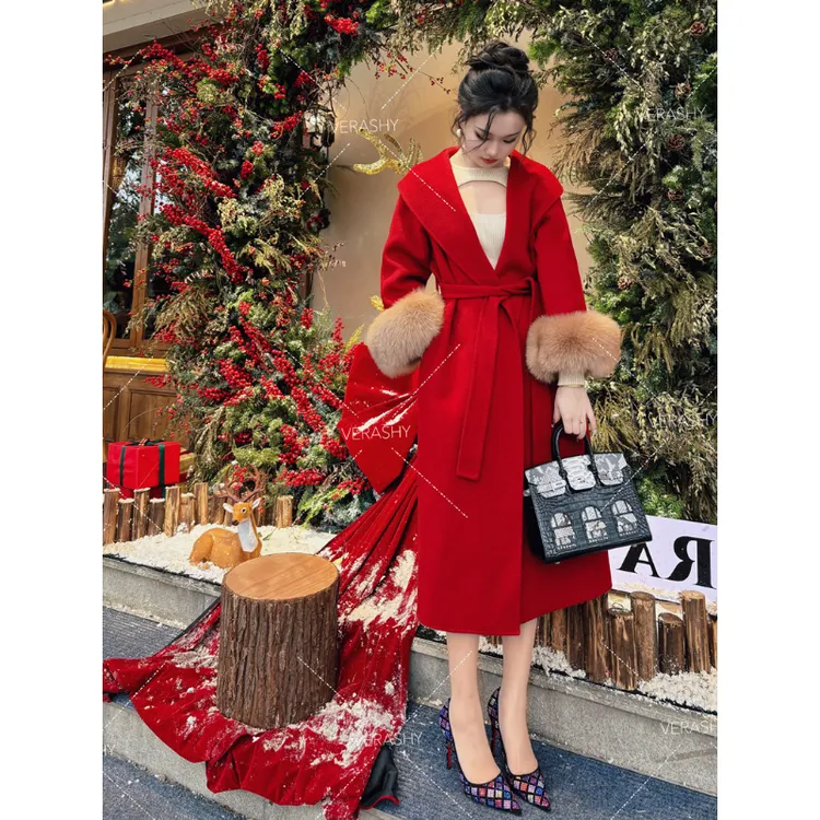 【羊毛】狐狸毛双面羊毛红色大衣女长款气质羊毛外套显瘦