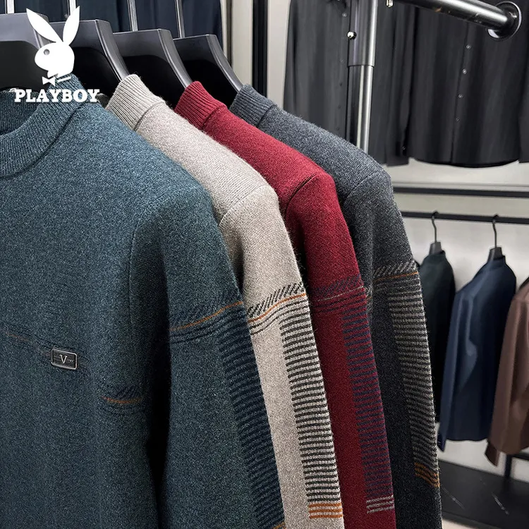 花花公子冬季针织衫男士半高领加厚毛衣休闲宽松针织打底卫衣上衣