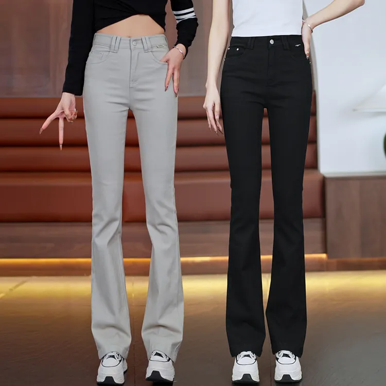 莫兰迪灰高腰微喇牛仔裤女款爆款2025新款欧若风百搭弹力喇叭裤子