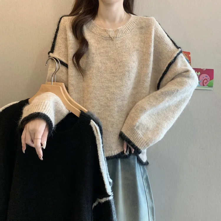 宽松慵懒风撞色灰色长袖加厚保暖毛衣大码女装冬遮肉针织衫上衣