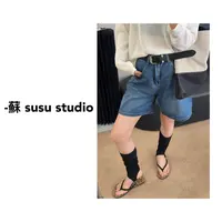 MM蓝色牛仔短裤女时尚复古小个子高腰直筒A字宽松阔腿裤012