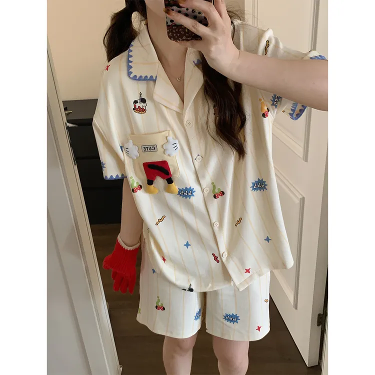 带胸垫睡衣女夏季纯棉短袖日系卡通米奇立体刺绣可外穿家居服套装