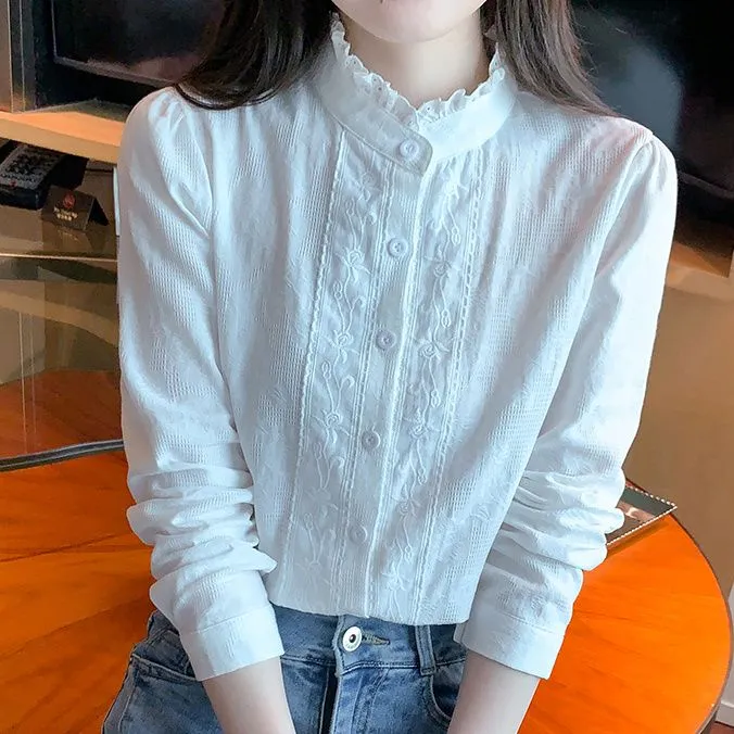【5372人收藏】立领刺绣木耳边衬衫女春秋2024新款宽松薄款小衫