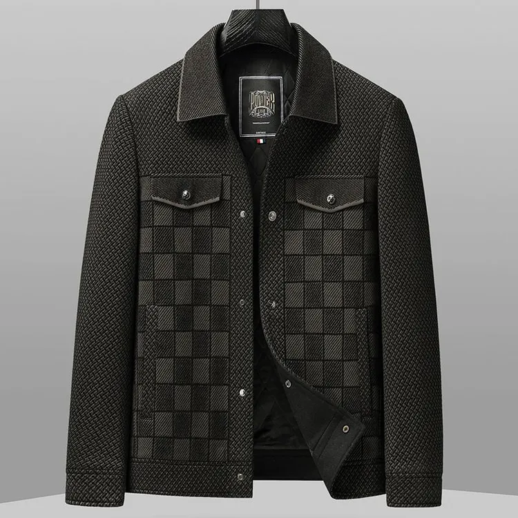 UYH2024秋冬男款韩版感格子翻领开衫时尚休闲夹克加棉加厚外套