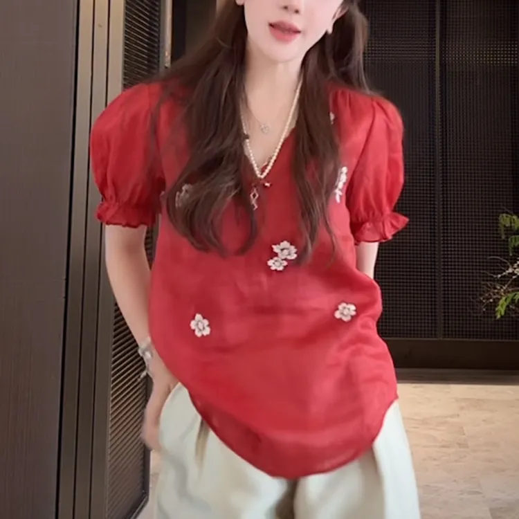 红色V领刺绣亚麻衬衫女士2025夏季新款时尚洋气减龄宽松显瘦上衣
