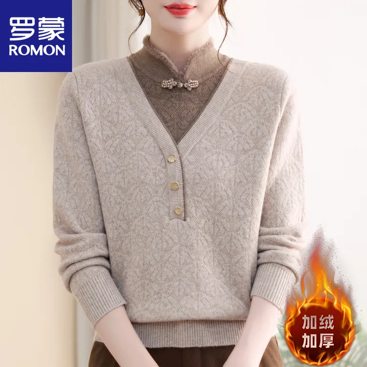 罗蒙秋冬装旗袍领一体绒保暖打底衫2025新款中老年女装加厚毛衣