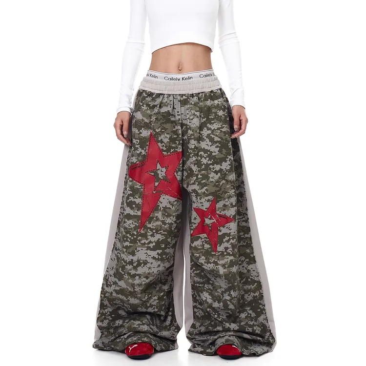 美式复古星星印花迷彩拼接直筒卫裤男女爵士舞春秋新款宽松阔腿裤