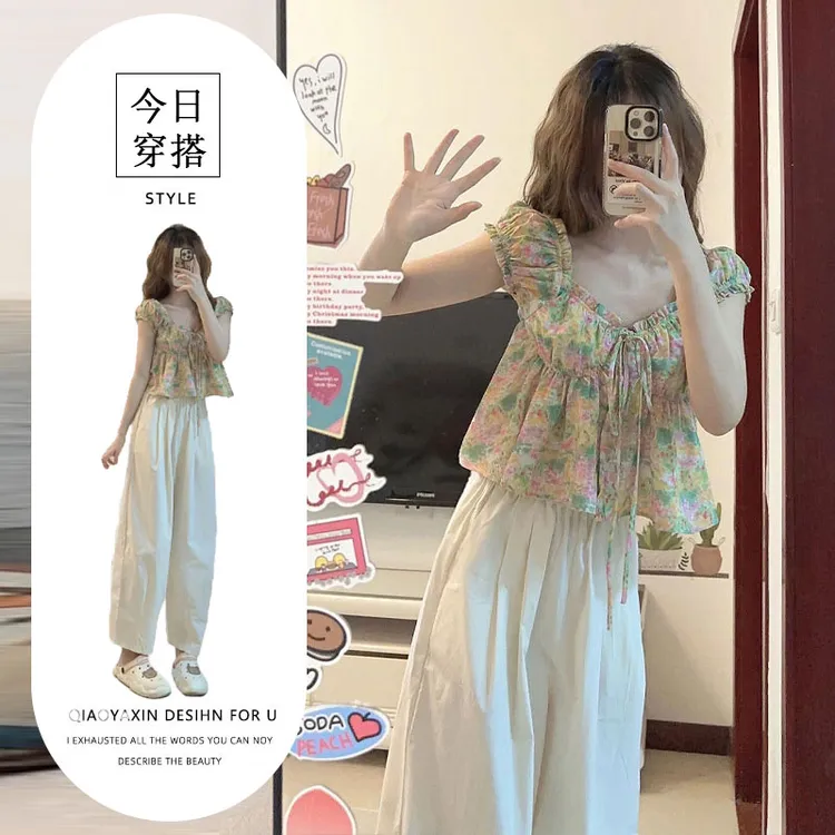 2025夏季新款设计感小众小个子甜辣短款碎花背带衬衫上衣背心女装