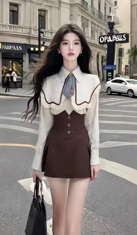 时尚小香风气质穿搭杏色长袖条纹修身上衣+咖色高腰半身裙两件套