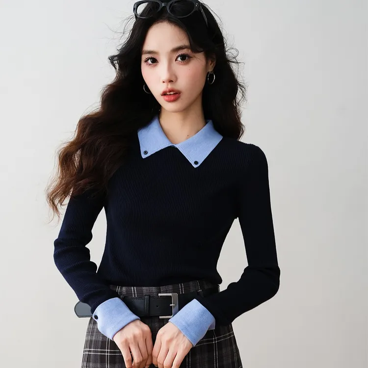职业阿玛诗官2025秋冬季新款假两件翻领长袖针织衫女款打底衫上衣