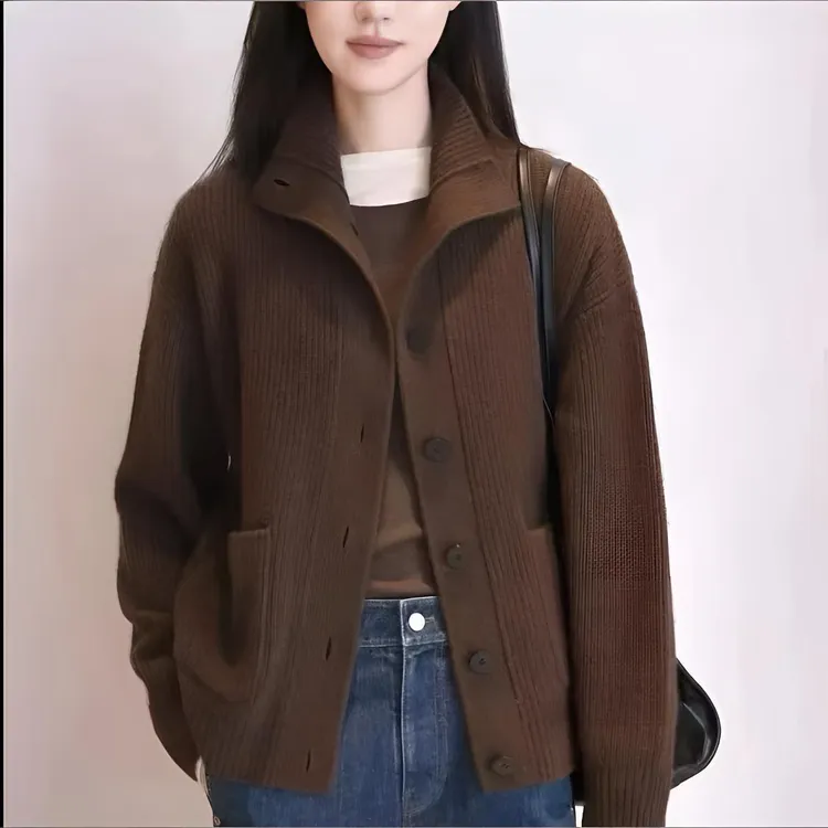 秋冬新款加厚羊毛开衫宽松立领洋气双兜针织毛衣外套翻领女装上衣