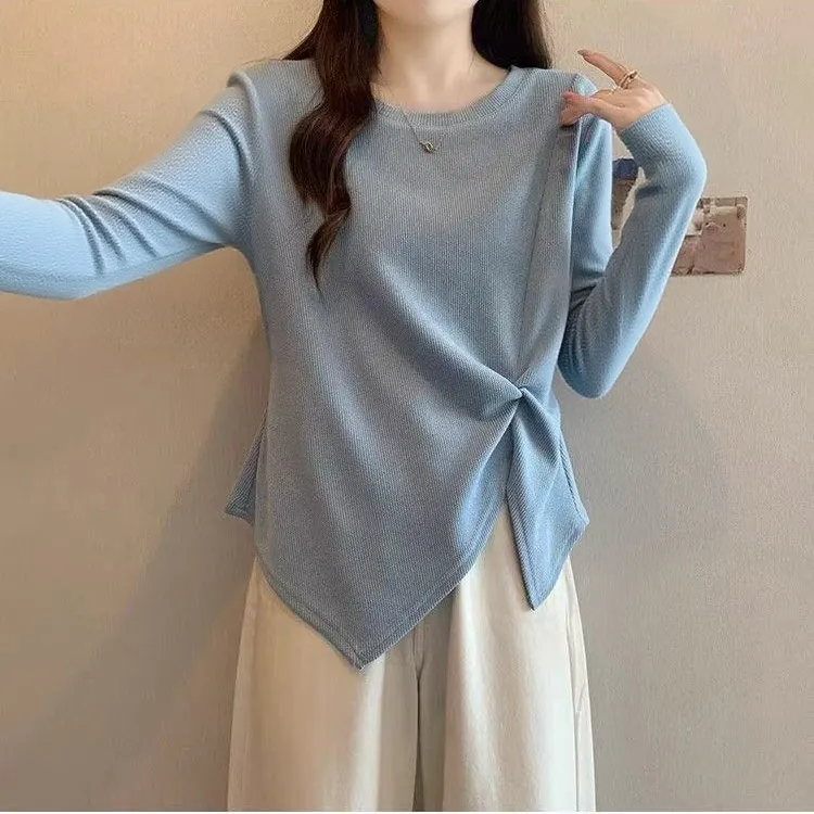 大码蓝色正肩t恤长袖女2025新款秋季胖mm不规则遮肚显瘦微胖上衣