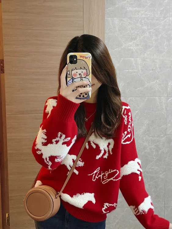 【现货】红色本命年穿搭套头毛衣女秋冬马年小众独特漂亮内搭针织衫