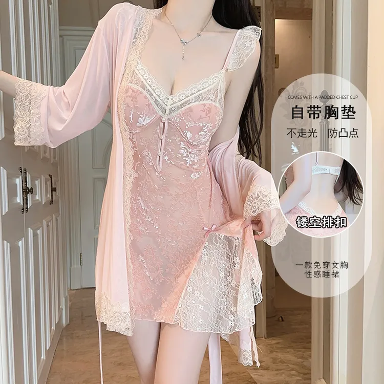 性感法式吊带睡裙蕾丝花边丝绒胸垫睡衣性感睡衣高级睡衣女款战袍