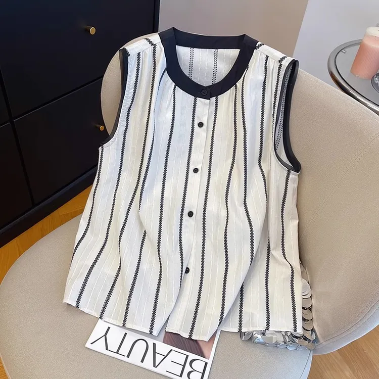 胖妹妹240斤大码高级感条纹薄款无袖衬衫女夏季新款宽松撞色上衣