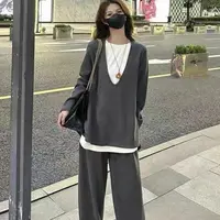 2480衣55裤100春秋季女士时尚假两件撞色上衣搭配休闲长裤套装