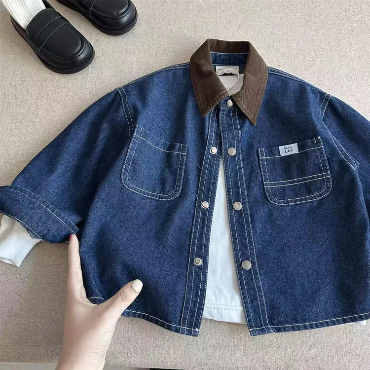 儿童牛仔衬衫2025春秋男女童日系潮牌翻领拼色上衣中小童秋季外套