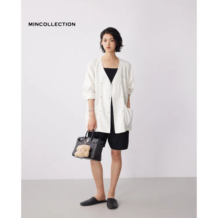 DE MincollectionV领排扣外套/日系定染色工装斜纹无领外套55185