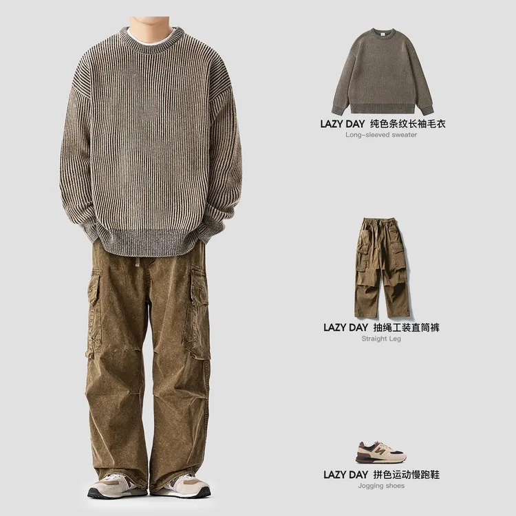 LAZY DAY原创男装日系复古肌理感做旧圆领毛衣男秋季宽松休闲上衣