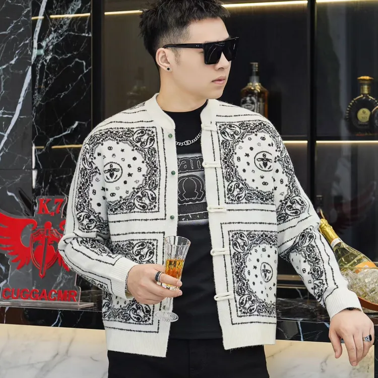 男士保暖羊毛衫中国风复古高档潮流菱形格圆领针织毛衣打底衫休闲