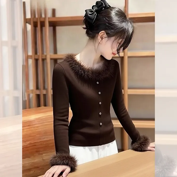 别致独特漂亮内搭小衫洋气高贵百搭针织开衫毛领上衣服女装秋冬季