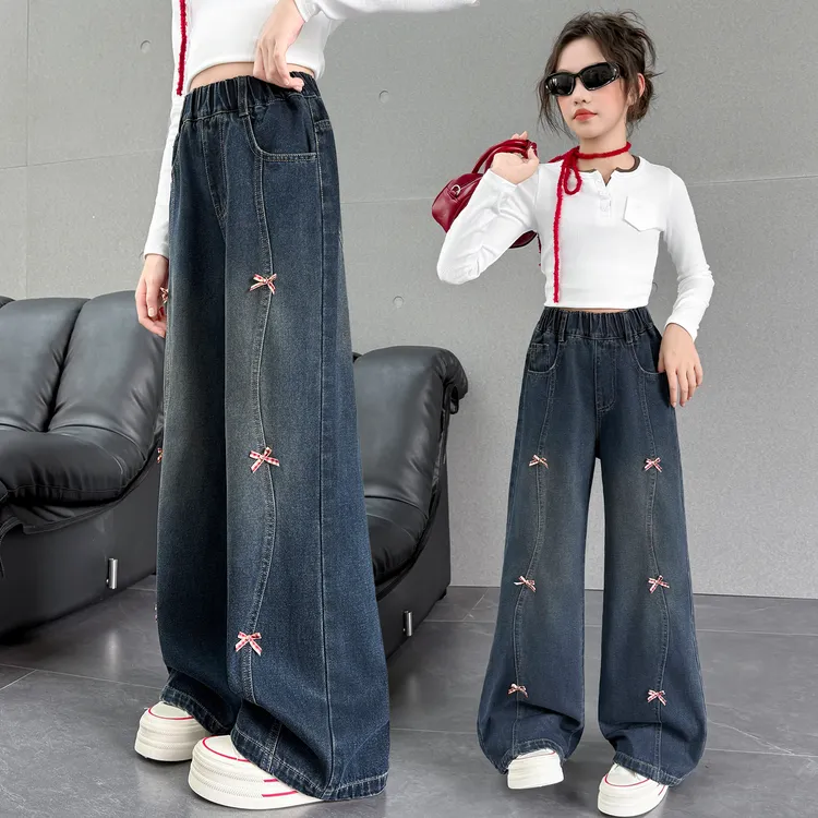 女童新款春秋蝴蝶结牛仔裤直筒阔腿裤大码韩秋韩系浅色女童牛仔裤